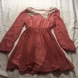 Pink chiffon pleated dress w/ white polka dots